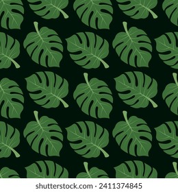 Seamless monstera pattern. Palm leaves on a dark green background. For wrapping paper, wallpaper, clothing