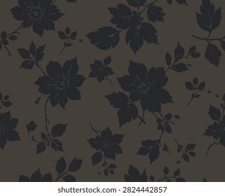 Seamless moody floral pattern. Dark vintage botanical silhouettes in black and deep olive brown. Edgy grunge vector illustration for apparel, textile, and wallpaper.