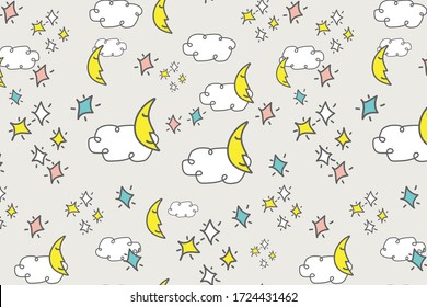 Seamless moon and clouds pattern vector illustration.  Trendy, Pretty and soft pastel colors.