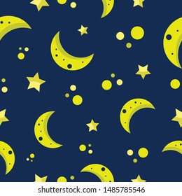 Seamless moon night stars pattern repeat endless design texture space dark blue sky elements crescent and dots for wrapping, textile, decoration, fabric print