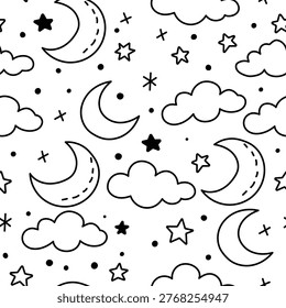 Seamless moon and star doodle pattern with clouds in black line style. Cute night sky design for backgrounds, fabric, wallpaper, nursery decor and packaging.