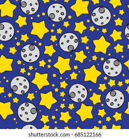 Seamless moon and stars pattern. Cartoon vector background.
