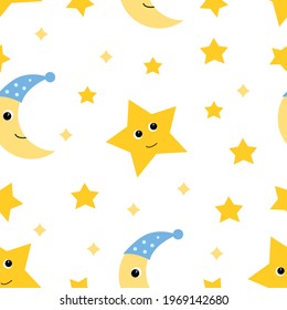 Seamless moon and stars pattern. Vector cute white background