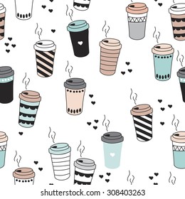 Seamless morning coffee hot drink cup tea to go illustration with hearts and stripes pastel background pattern in vector