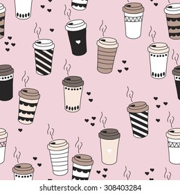 Seamless Morning Coffee Hot Drink Cup Tea To Go Illustration With Hearts And Stripes Pastel Background Pattern In Vector