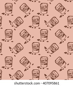 Seamless morning coffee hot drink cup tea pastel background pattern in vector