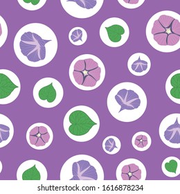 Seamless morning glory pattern on white circles and purple background