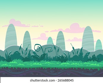 Seamless morning landscape, never ending vector nature background with separated layers for game design