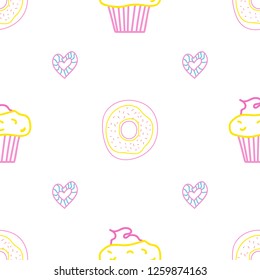Seamless morning vector pattern. Sketch graphic text illustation. Muffin icon. Donut. Hearts.