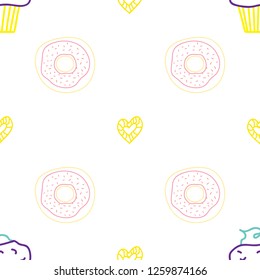 Seamless morning vector pattern. Sketch graphic text illustation. Muffin icon. Donut. Hearts.