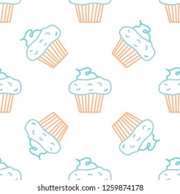 Seamless morning vector pattern. Sketch graphic text illustation. Muffin icon.