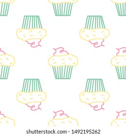 Seamless morning vector pattern. Sketch graphic text illustation. Muffin icon.