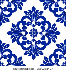 Seamless Moroccan Ceramic Pattern. White Tiles with Watercolor Hand Painted Navy Blue Background.
