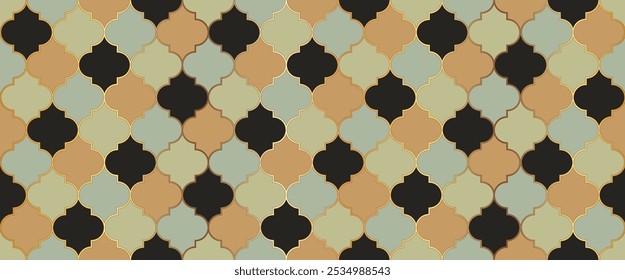 Seamless Moroccan Mosaic Ornament. Eid Mubarak Islamic Decoration. Traditional Ramadan Mosque Golden Grid. Ottoman Mosque Window Motif. Ramadan Kareem Muslim Illustration. Moroccan Seamless Texture