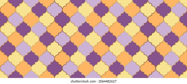 Nahtlose marokkanische Mosaikmuster. Persische Moschee Fensterform. Ramadan Traditional Golden Moschee Grid. marokkanischer Nahtloser Ornament Ramadan Kareem Islam-Dekoration. Eid Mubarak muslimischen Hintergrund.