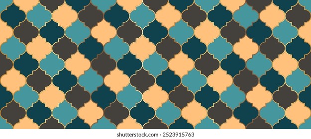 Seamless Moroccan Mosaic Texture. Ramadan Kareem Islamic Illustration. Iranian Mosque Window Motif. Eid Mubarak Muslim Decoration. Moroccan Seamless Pattern Traditional Ramadan Golden Mosque Grid.