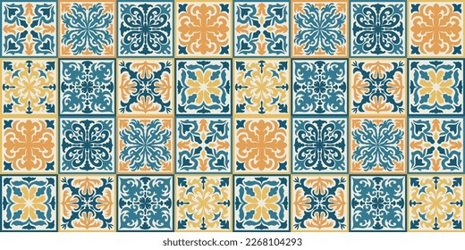 Seamless Moroccan mosaic Tile pattern with colorful Patchwork. Vintage Portugal azulejo, Mexican Talavera, Italian majolica Ornament, Arabesque motif or Spanish ceramic Mosaic