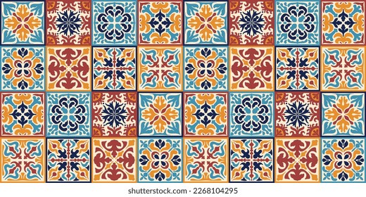 Seamless Moroccan mosaic Tile pattern with colorful Patchwork. Vintage Portugal azulejo, Mexican Talavera, Italian majolica Ornament, Arabesque motif or Spanish ceramic Mosaic