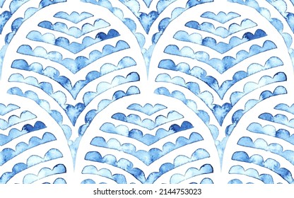 Seamless moroccan pattern. Seigaiha vintage tile. Blue and white watercolor ornament painted with paint on paper. Wavy print for textiles in Japanese style. Set grunge texture. Vector illustration.