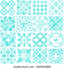 Seamless moroccan pattern. Square vintage tile. Aquamarine and white watercolor ornament painted with paint on paper. Handmade. Print for textiles. Set grunge texture.