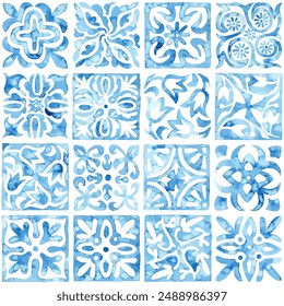 Seamless moroccan pattern. Square vintage tile. Blue and white watercolor ornament painted with paint on paper. Handmade. Print for textiles. Set grunge texture.