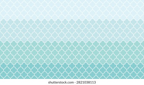 Seamless Moroccan quatrefoil tile pattern with white lines over a turquoise gradient background vector