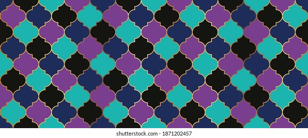 Nahtlose marokkanische Textur Ramadan Kareem islamische Illustration. arabische Moschee Fensterform. Nahtlose marokkanische Mosaikverzierung. Eid Mubarak Islam Dekoration. Traditionelles Ramadan Golden Moschee Grid.