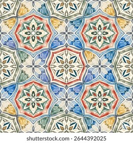 Seamless Moroccan tile pattern, hand-painted watercolor style, intricate geometric shapes and floral motifs, inspired by traditional Moroccan zellige design