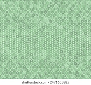 Seamless mosaic background. Bold stacked rounded hexagons mosaic cells. Green color tones. Hexagon shapes. Tileable pattern. Seamless vector illustration.