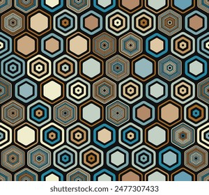 Seamless mosaic background. Geometric elements of varied style and color. Hexagonal cells. Tileable pattern. Seamless background. Beautiful vector illustration.