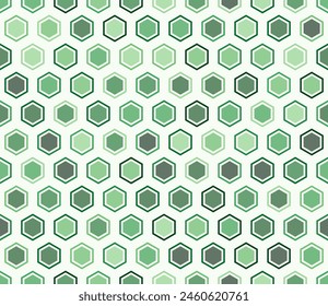 Seamless mosaic background. Hexagon bold mosaic cell with padding and inner solid cells. Green color tones. Hexagonal shapes. Tileable pattern. Seamless vector illustration.