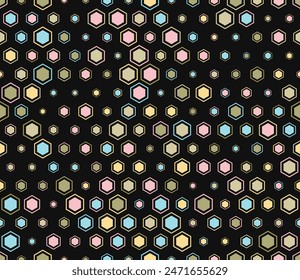 Seamless mosaic background. Multicolored geometric elements of varied size. Hexagon mosaic background with inner solid cells. Hexagon cells. Tileable pattern. Seamless vector illustration.