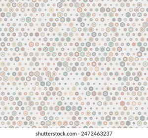 Seamless mosaic background. Multicolored geometric elements of varied size. Rounded stacked hexagons mosaic cells. Hexagon shapes. Tileable pattern. Seamless vector illustration.