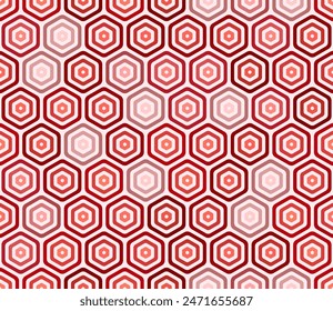 Seamless mosaic background. Red color tones gradients. Bold rounded stacked hexagon cells. Hexagonal cells. Seamless pattern. Tileable vector illustration.