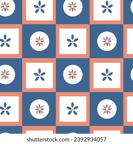 Seamless mosaic blue geometric pattern with flowers