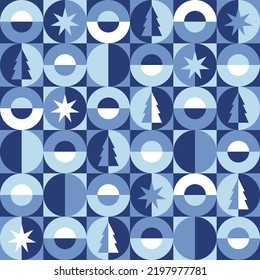 Nahtlose Mosaik-blaue Muster für Weihnachtsverpackungen, -decken, -drucke, -verpackungen. Viereckige geometrische Neujahrsverzierung mit Sternen und Fichten.