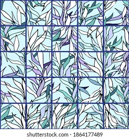 Seamless mosaic of blue plants of the underwater world, algae stained glass window. Hand drawn vector floral pattern.