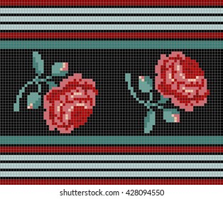 Seamless mosaic border with roses and colored strips. Ready template for the production of mosaic. The height of the border 68 tiles 10 x 10 mm / 0.39 "x 0,39", the ratio of the seam to a tile 1:10.