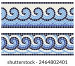 Seamless mosaic border with sea waves in portuguese style, decorative tiling with curly greek ornament, vector