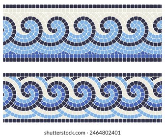 Seamless mosaic border with sea waves in portuguese style, decorative tiling with curly greek ornament, vector