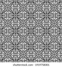 seamless mosaic drawn with flowers and linear ornaments in folk style on a white background, for coloring, vector