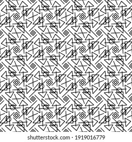 seamless mosaic drawn with triangles and circles on a white background, vector, black and white