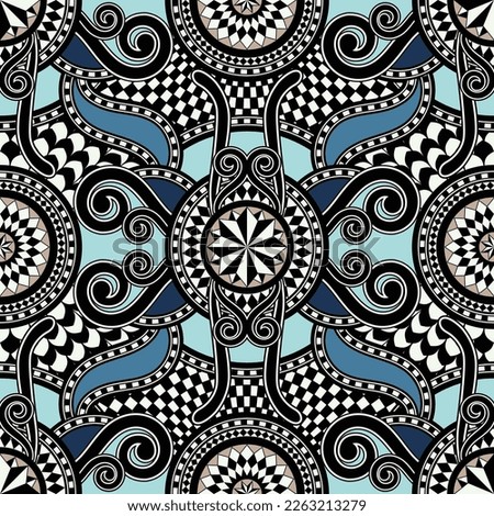 Seamless mosaic floor pattern. Modern baroque style. Black, blue, and white geometric elements, curly lines, and mosaic rosettes. Ornamental vector illustration for textile, wrapping, print, and web.