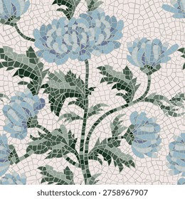 Seamless mosaic floral pattern with blue blooming flowers and green leaves on light background. Elegant tile ornament for textile, wallpaper, packaging, and interior decor. Vintage style design