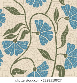 Seamless mosaic floral pattern vector background with blue ceramic flowers antique ancient roman greek tile ornament mediterranean style retro texture botanical design digital paper textile printing