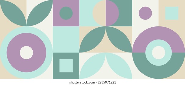 Mosaico sin foco con formas geométricas en el estilo escandinavo, fondo pastel con círculos y cuadrados para la introducción o tela de la web. Plantilla de portada minimalista con textura.