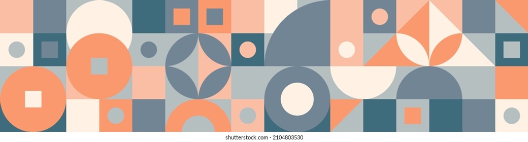 Seamless mosaic with geometric shapes in the style of the Scandinavian pattern, pastel background with circles, squares. Minimalistic abstract template for cover or web design.
