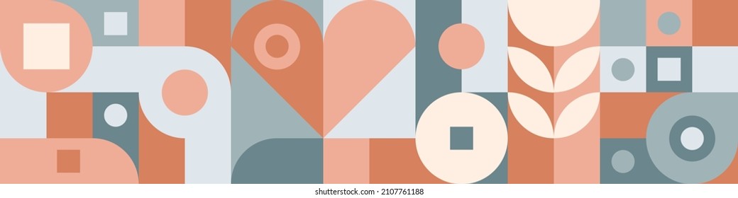 Seamless mosaic with geometric shapes in the style of Scandinavian pattern, pastel background with hearts for Valentine's Day card. Minimalistic cover template with circles texture.
