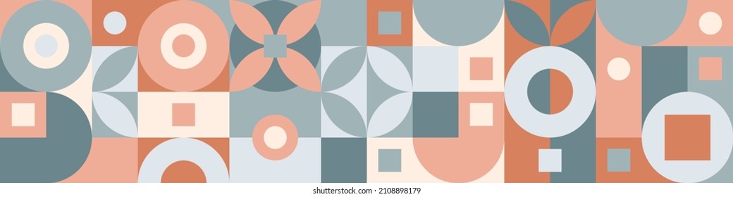 Seamless mosaic with geometric shapes in the style of the Scandinavian pattern, pastel background with circles, squares. Minimalistic abstract template for cover or web design.