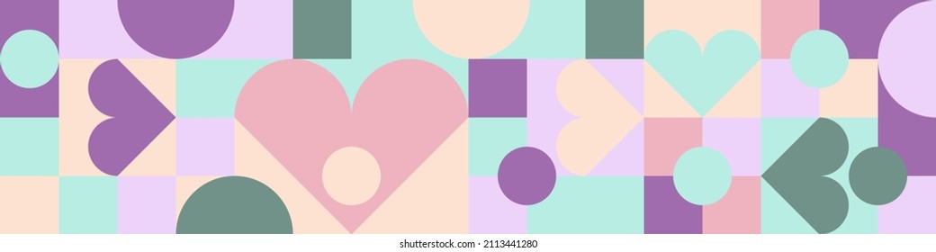 Seamless mosaic with geometric shapes in the style of Scandinavian pattern, pastel background with hearts for Valentine's Day card. Minimalistic cover template with circles texture.
